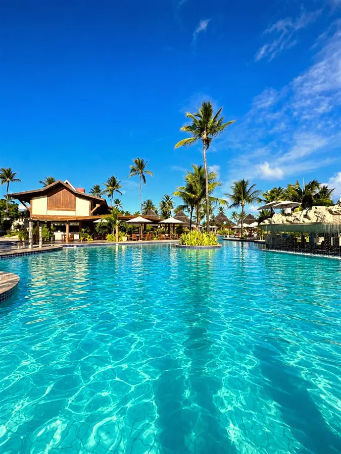 Panorama da piscina com o bar de palha e coqueiros